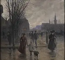 Robert Koehler painting Rainy Evening on Hennepin Avenue c. 1902. The oil on canvas original is at the Minneapolis Institute of Arts