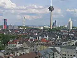 Aerial view of Ehrenfeld with the Colonius telecommunications tower in the background