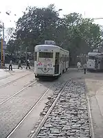 Tram rolling towards the camera