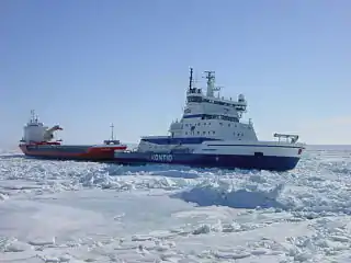 The icebreaker Kontio, which in this picture became stuck in drift ice while towing a cargo ship in pack ice in the northern Baltic sea