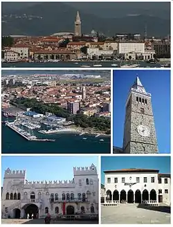 Top: Koper viewed from Žusterna, Middle: Port of Koper (left), Assumption Cathedral (right), Bottom: Praetorian Palace (left), Loggia Palace (right)
