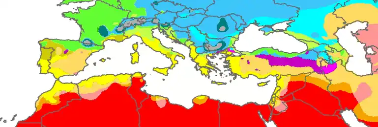 Map of Mediterranean with the Köppen Climate Classifications: Csa & Csb are noted in Yellow.