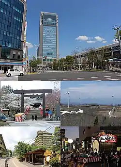 Top:View of Kōriyama Big-i complex building and Kōriyama railway station, Middle:Kōriyama Kaisei Shrine, Nunobiki Highland, near Lake Inawashiro, Bottom:Bandai-Atami Spa, Kōriyama Unume Festiwal on August (all item from left to right)