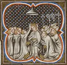 Four bishops and five young men kneeling before a man who sits on a throne.