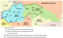 Image 12A map of the northern part of the Habsburg Kingdom of Hungary in 1850, showing the two military districts which had administrative centres in the territory of present-day Slovakia (from History of Slovakia)