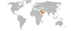 Map indicating locations of Kosovo and Saudi Arabia