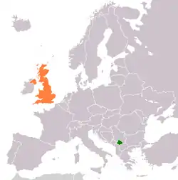 Map indicating locations of Kosovo and United Kingdom