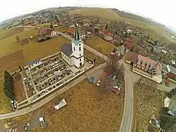 Aerial view of Mistrovice with Church of Saints John and Paul