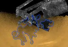 Synthetic aperture radar image (top) overlaid onto a visible light/infrared image of Titan's north polar region, showing the full extent of Kraken Mare.