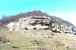 View of the cave monastery near the village of Krepcha, Opaka Municipality in Bulgaria. Here is the oldest Cyrillic inscription dated of 921.