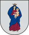 A coat of arms depicting a woman clothed in blue and brown wearing a golden crown and carrying a baby all on a grey background