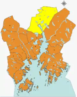 Map of Kristiansand with Ålefjær district highlighted in yellow