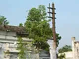 Side view showing Dhwajasthambham and wall with plants growing on it