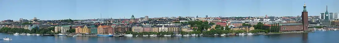 Panorama of Kungsholmen, view from Södermalm. The City Hall is on the far right (June 2005, collage)