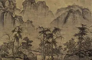 Guo Xi, Clearing Autumn Skies over Mountains and Valleys, ink and light lolor on silk, China. Northern Song Dynasty c. 1070, detail from a horizontal scroll.