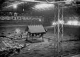 Blanck and white picture, an empty arena witha dohyo-ring in the center