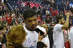 Kyle Hines shortly after Olympiacos 2013 back-to-back EuroLeague victory