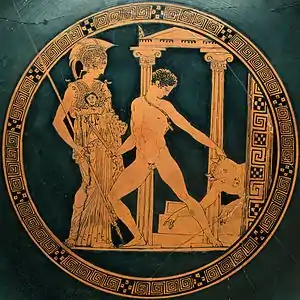 Tondo of the Aison Cup, showing the victory of Theseus over the Minotaur in the presence of Athena.