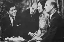 Japanese singer Kyu Sakamoto (far left) being interviewed on Hylands hörna on 10 October 1964 in a live broadcast from Tokyo.