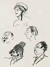pencil sketches of characters in comic opera, head and shoulders only