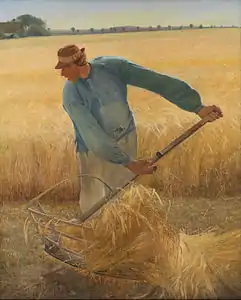 Harvest (1885). The harvest worker is Ring's brother Ole Peter Andersen, painted at his farm at Tehusene near Fakse in Southern Zealand. Compare with Millet's The Sower.