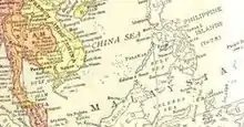 English Map of Southeast Asia, "MALAYSIA" typeset horizontally so that the letters run across the northernmost corner of Borneo and pass just south of the Philippines.