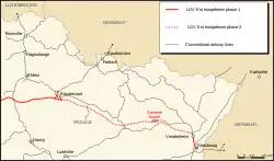 Map of LGV Est, with the Saverne Tunnel highlighted in grey.