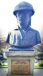 Bust of Diego Silang, the 18th-century Ilocano revolutionary leader, shown wearing a tamburaw made from gourd