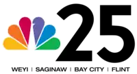 The NBC peacock next to a sans serif "25" in black", with the words below "W E Y I / Saginaw / Bay City / Flint"