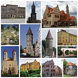 The town hall, The Church of the Assumption of the Blessed Virgin Mary, the municipal office, The Lubań Tower, The Płakowice Palace, the tenements in the town centre