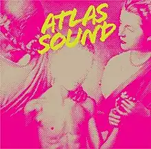 Album cover depicting a doctor examining a young boy, who is holding his mother's hand.  A camera flash obscures the face of the boy, and the entire image is tinted a purple color.  The words "Atlas Sound" are printed in a slanted yellow font at the top and center of the cover.