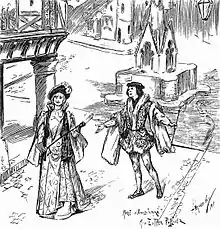 black and white drawing of a stage scene showing a plaza with a man addressing a woman, both in aristocratic mediaeval costume