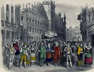 sketch of open-air crowd scene in 16th-century Brussels