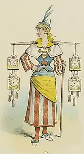 costume design for woman in 16th-century French style, carrying several clocks