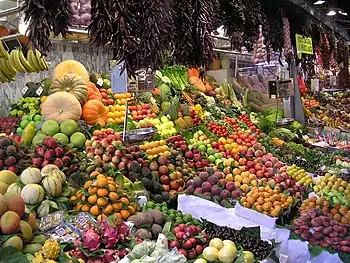 Fruit display at La Boqueria market in Las Ramblas Barcelona
