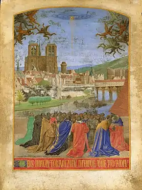 Illustration from c. 1450 that depicts the cathedral of Notre-Dame with the rest of Paris in the background