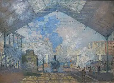 Claude Monet used several recently invented colours in his Gare Saint-Lazare (1877). He used cobalt blue, invented in 1807, cerulean blue invented in 1860, and French ultramarine, first made in 1828.