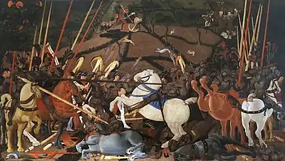 Niccolò Mauruzi da Tolentino unseats Bernardino della Carda at the Battle of San Romano (dating uncertain, c. 1435–1455),  tempera on wood, 182 × 320 cm, Galleria degli Uffizi, Florence