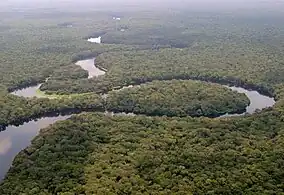 River meandering through a wooded plain.