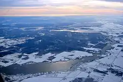 Aerial view of Lac du Bonnet Town, surrounded by Lac du Bonnet RM