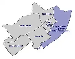 The district highlighted in blue, within its borough.