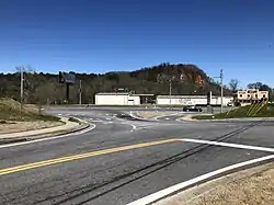 An intersection in Ladds, with Quarry Mountain in the background