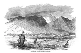 Exterior of Lahaina Fort (center) and Hale Piula (right) as viewed from ships anchored in Lahaina Roads in the 1840s