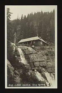 A view from a lower cliff looking up at the Tea Room circa. 1920. A waterfall pours from the cliff next to the Tea House and the forest can be seen behind it.