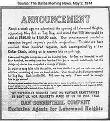 Advertisement for Lakewood Heights home lots, Dallas Morning News, May 2, 1914