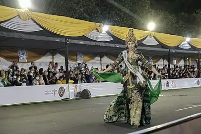 Suardana parades in a Wayang Golek themed costume during the Jember Fashion Carnaval 2022 in East Java, Indonesia