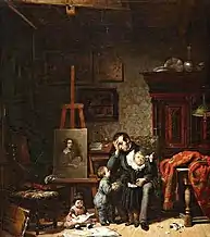 Interior with a man and children near a stand with a painting on an easel