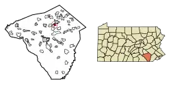 Location of Akron in Lancaster County, Pennsylvania (left) and of Lancaster County in Pennsylvania (right)