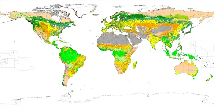 Image 2A chorochromatic map of world land cover, using hue, value, and saturation to differentiate nominal values (from Cartographic design)