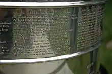 Jamie Langenbrunner's name is pictured in a close-up photograph of the extremely shiny Stanley Cup trophy.